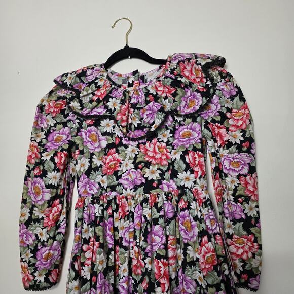 Vtg Floral Peasant Midi Dress Sz Small Collar Cottage Prairie Puff Sleeve Ruffle - Picture 2 of 12